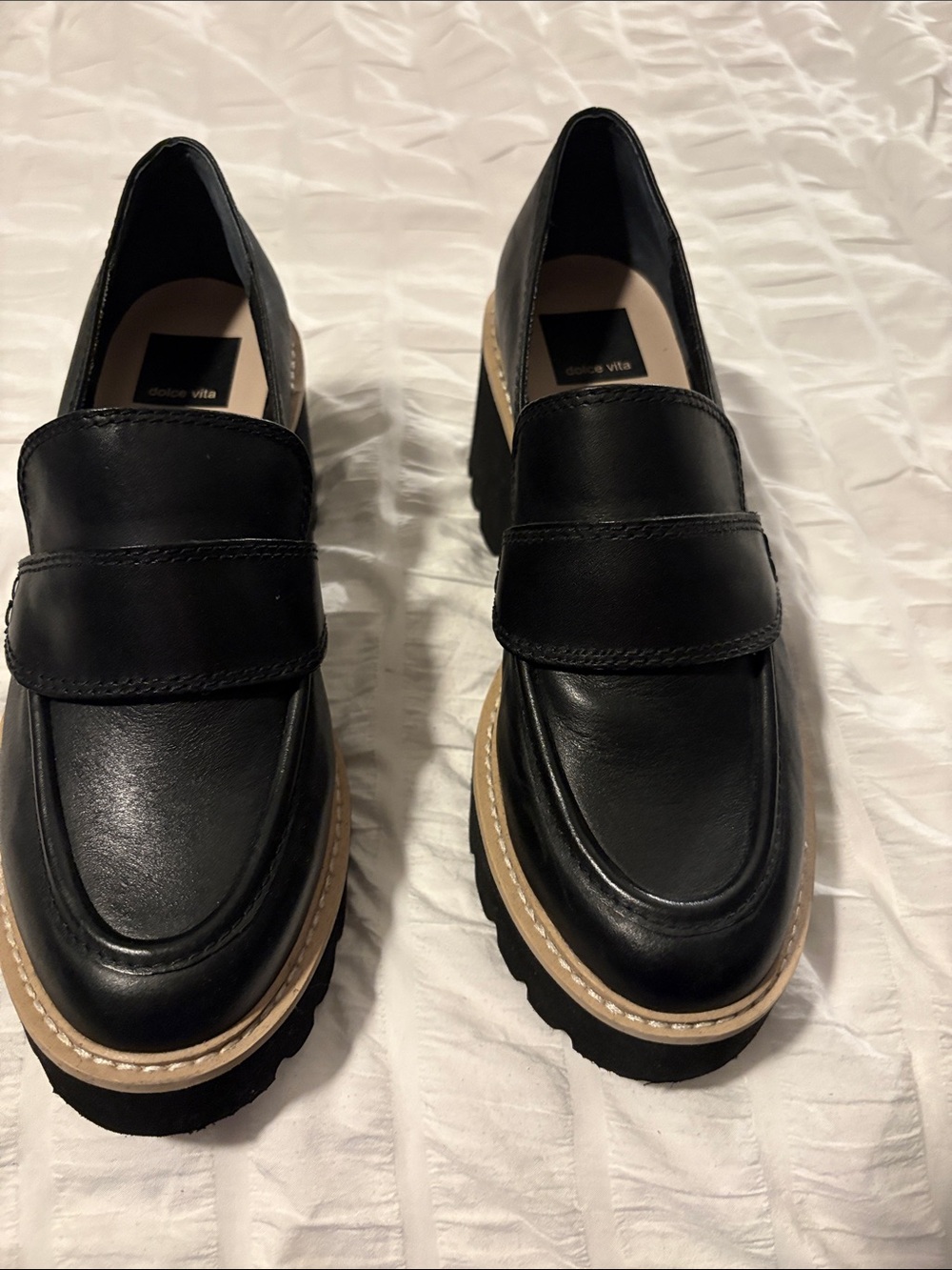 Dolce Vita Black Leather Lug-Sole Penny Loafers with Tan Welt